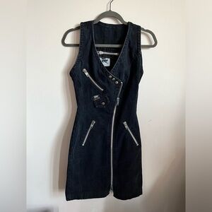 SANTANA Vintage Black Denim Zipper Zip-up Mini Dress